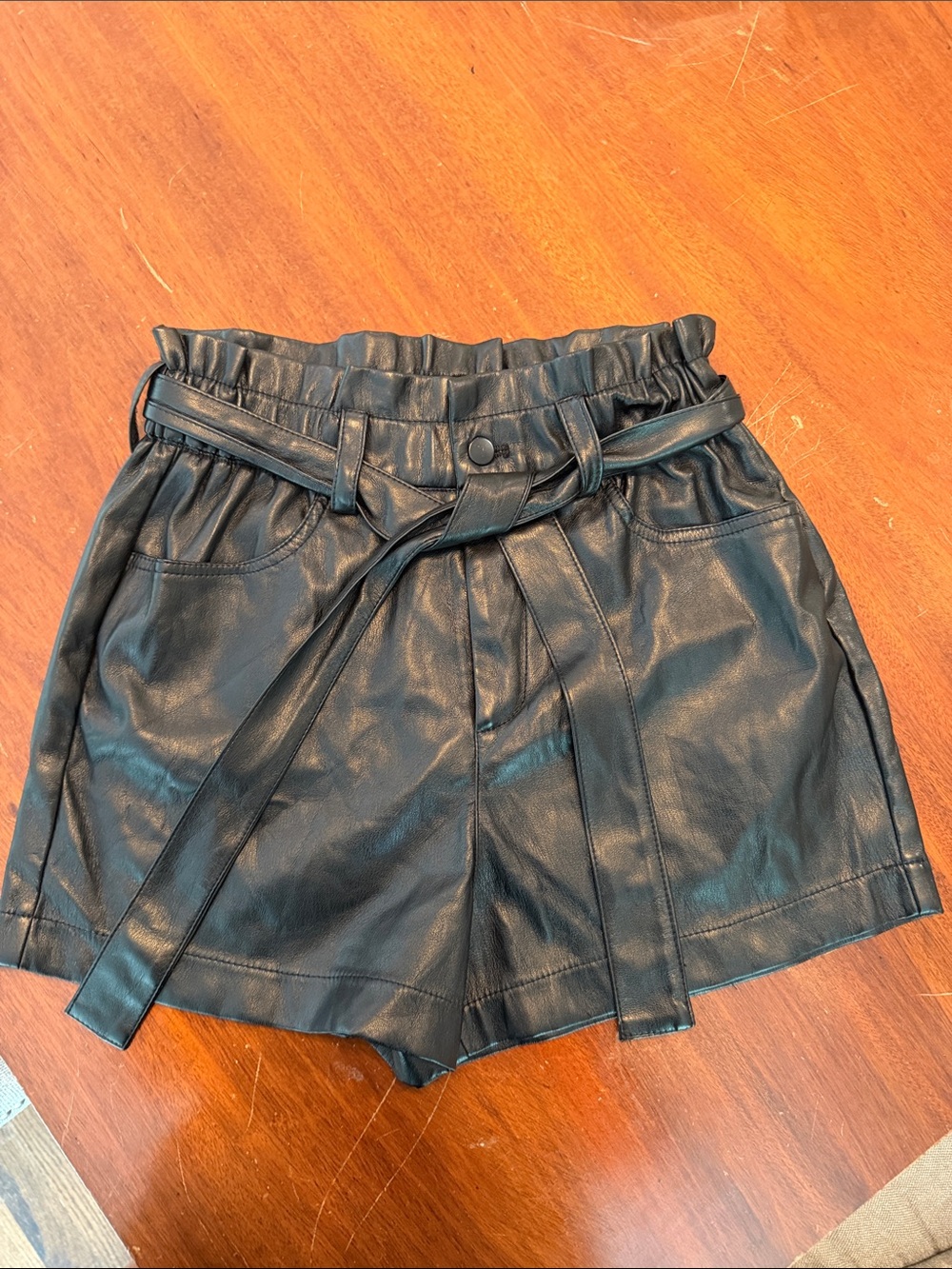 Tart Black Faux Leather High-Waist Paperbag Shorts with Belt